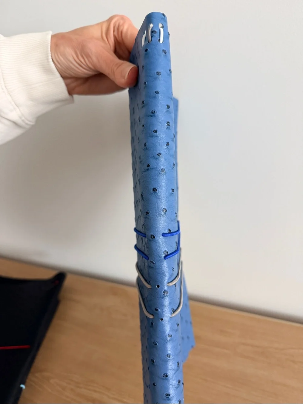 Blue Faux Ostrich Leather Notebook with Elastic Bands
